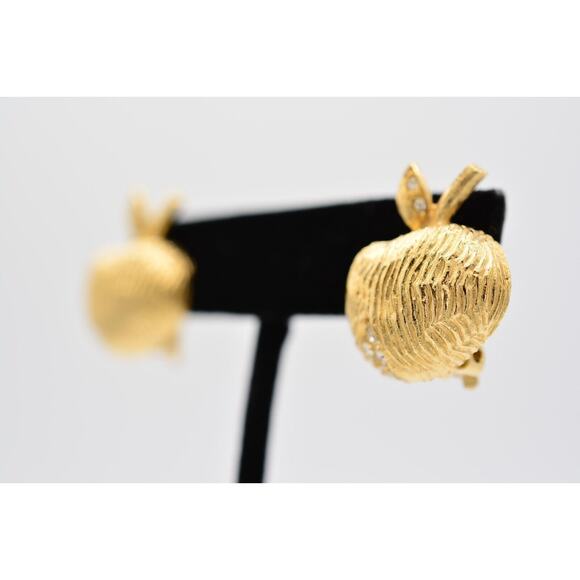 Givenchy Vintage Clip On Earrings Apple Rhinestone Brushed Gold Signed 80s BinQ - Picture 2 of 12